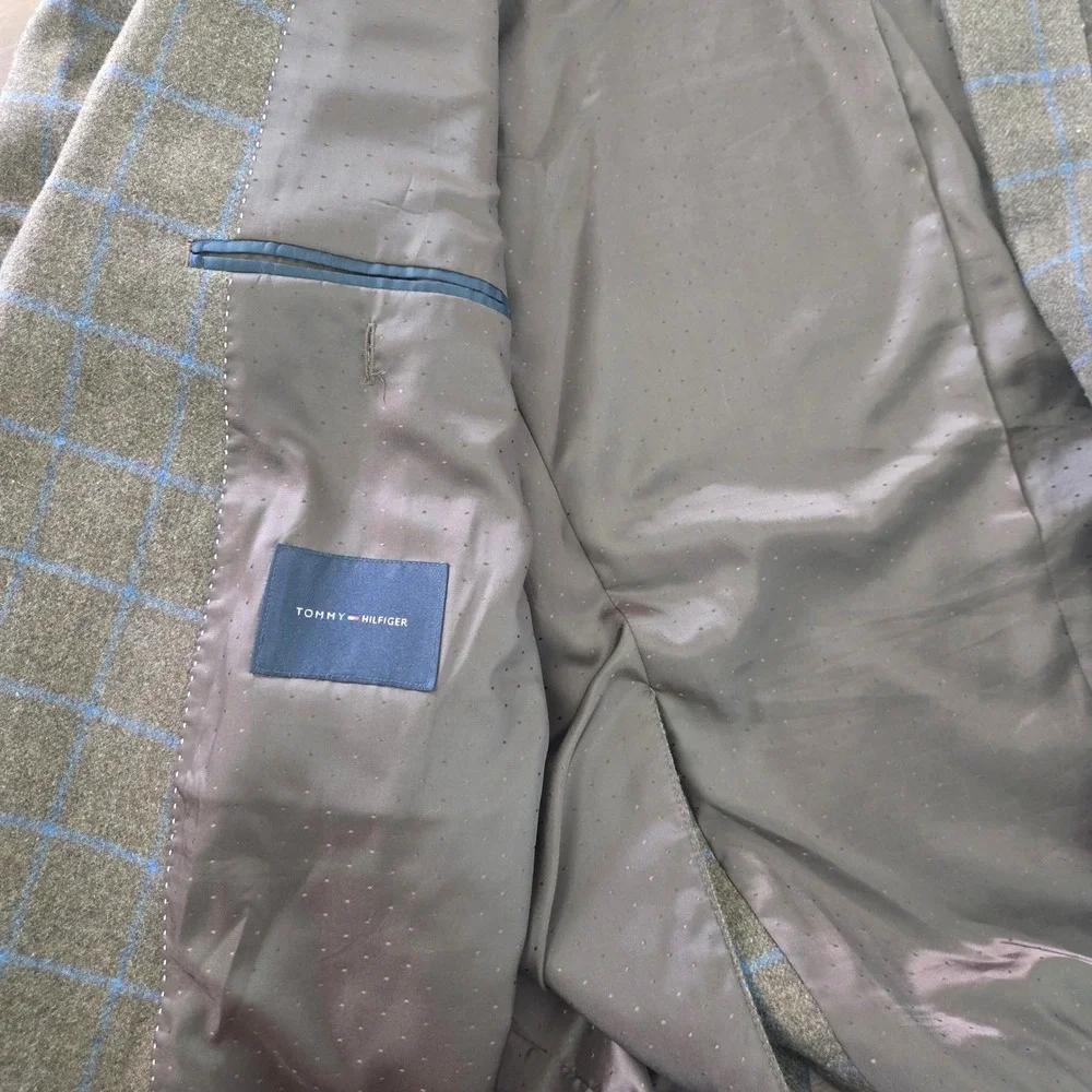 Tommy Hilfiger Sport Coat 46R Brown Blue Windowpane Wool Blend Blazer Men's